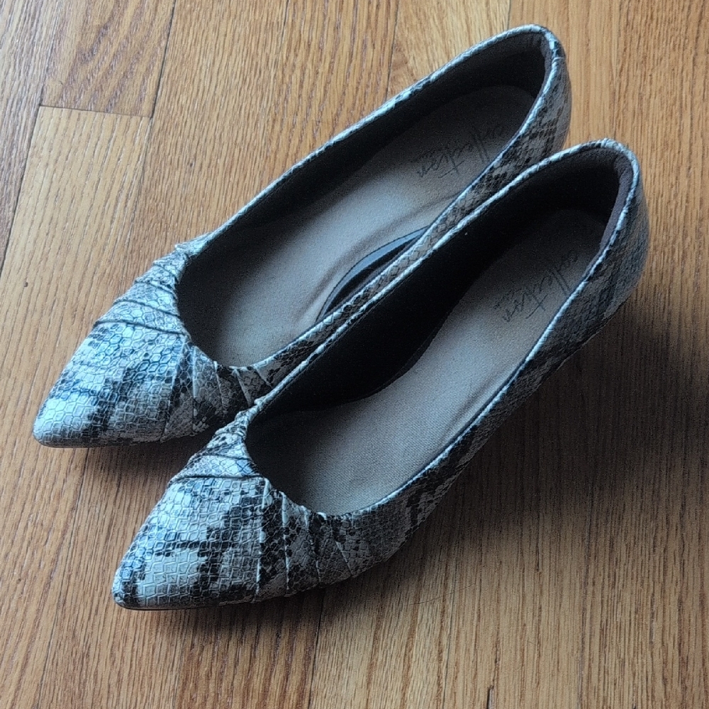 Clarks Pointed Snake-Print Flats in Black and White